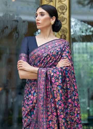 Classic Navy Blue Kashmiri Modal Handloom Weaving Work Saree